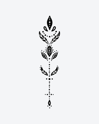 Ornamental semi-permanent tattoo design by INKY – Leaves, Diamond, Circle, Dotwork, Pattern illustration, 2 x 4 in (6x10 cm), available at inkytatt.com