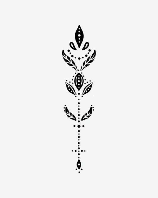 Ornamental semi-permanent tattoo design by INKY – Leaves, Diamond, Circle, Dotwork, Pattern illustration, 2 x 4 in (6x10 cm), available at inkytatt.com