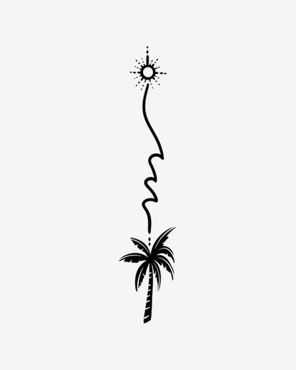 Sun & Palm semi-permanent tattoo design by INKY – Palm Tree, Fine Line, Sun, Silhouette illustration, 2 x 2 in (4x4 cm), available at inkytatt.com