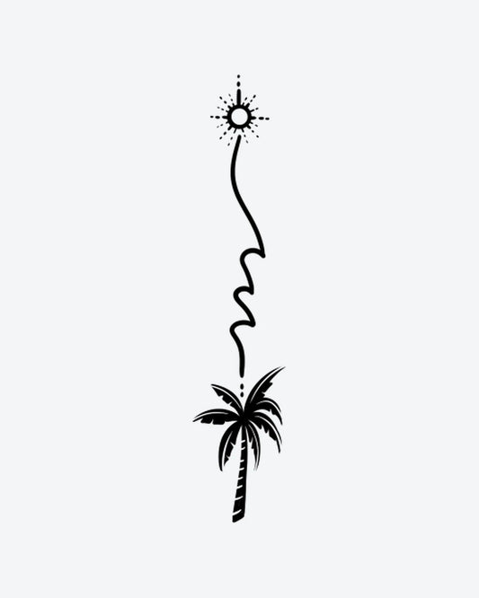 Sun & Palm semi-permanent tattoo design by INKY – Palm Tree, Fine Line, Sun, Silhouette illustration, 2 x 2 in (4x4 cm), available at inkytatt.com