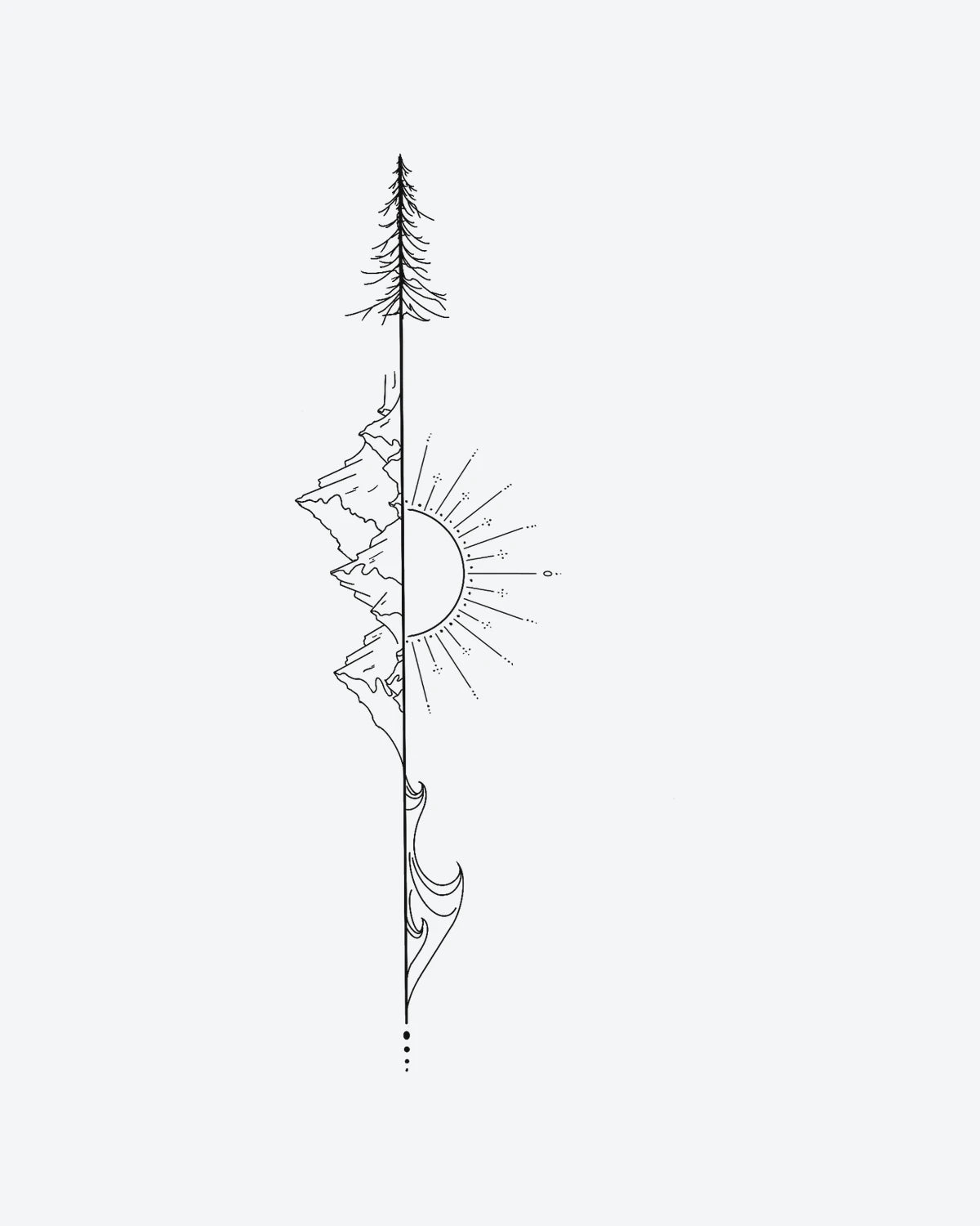 Nature Line semi-permanent tattoo design by INKY – Fine Line, Mountain, Tree, Wave, Sun illustration, 4 x 8 in (11x20 cm), available at inkytatt.com