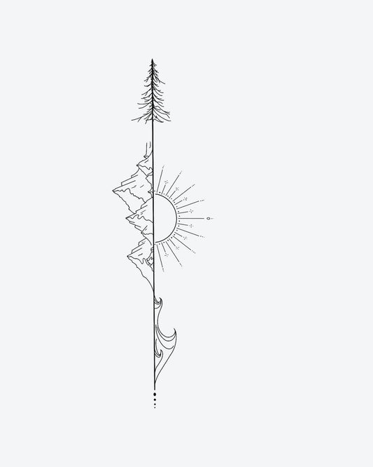 Nature Line semi-permanent tattoo design by INKY – Fine Line, Mountain, Tree, Wave, Sun illustration, 4 x 8 in (11x20 cm), available at inkytatt.com