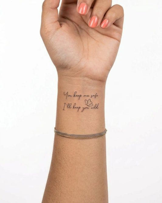 INKY Safe & Wild 2 semi-permanent tattoo applied on a woman – 2 x 2 in (4x4 cm) design, realistic ink look, lasts 10 days