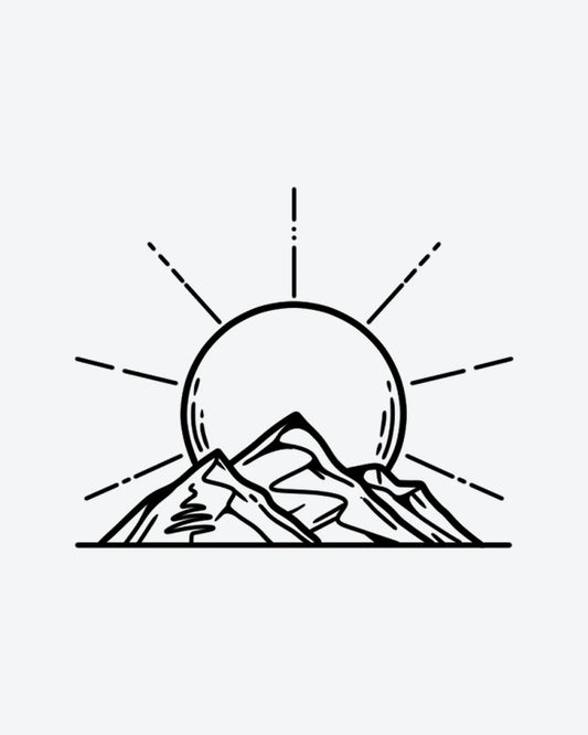 Mountain Sun semi-permanent tattoo design by INKY – Fine Line, Mountain, Sun, Moon, Geometric illustration, 3 x 4 in (7x10 cm), available at inkytatt.com