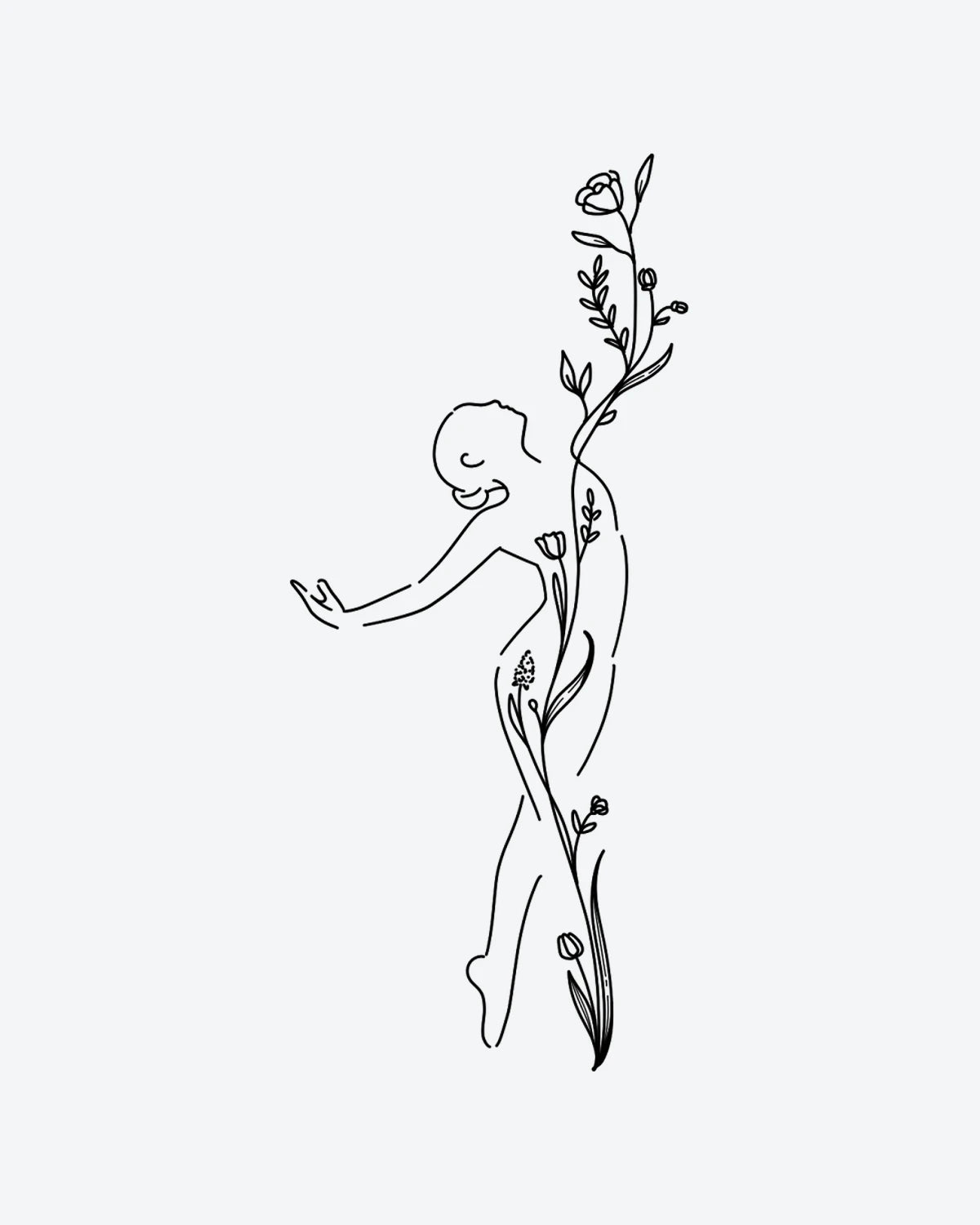 Bloom Form semi-permanent tattoo design by INKY – Fine Line, Flower, Leaves, Vine, Bloom illustration, 2 x 4 in (6x10 cm), available at inkytatt.com