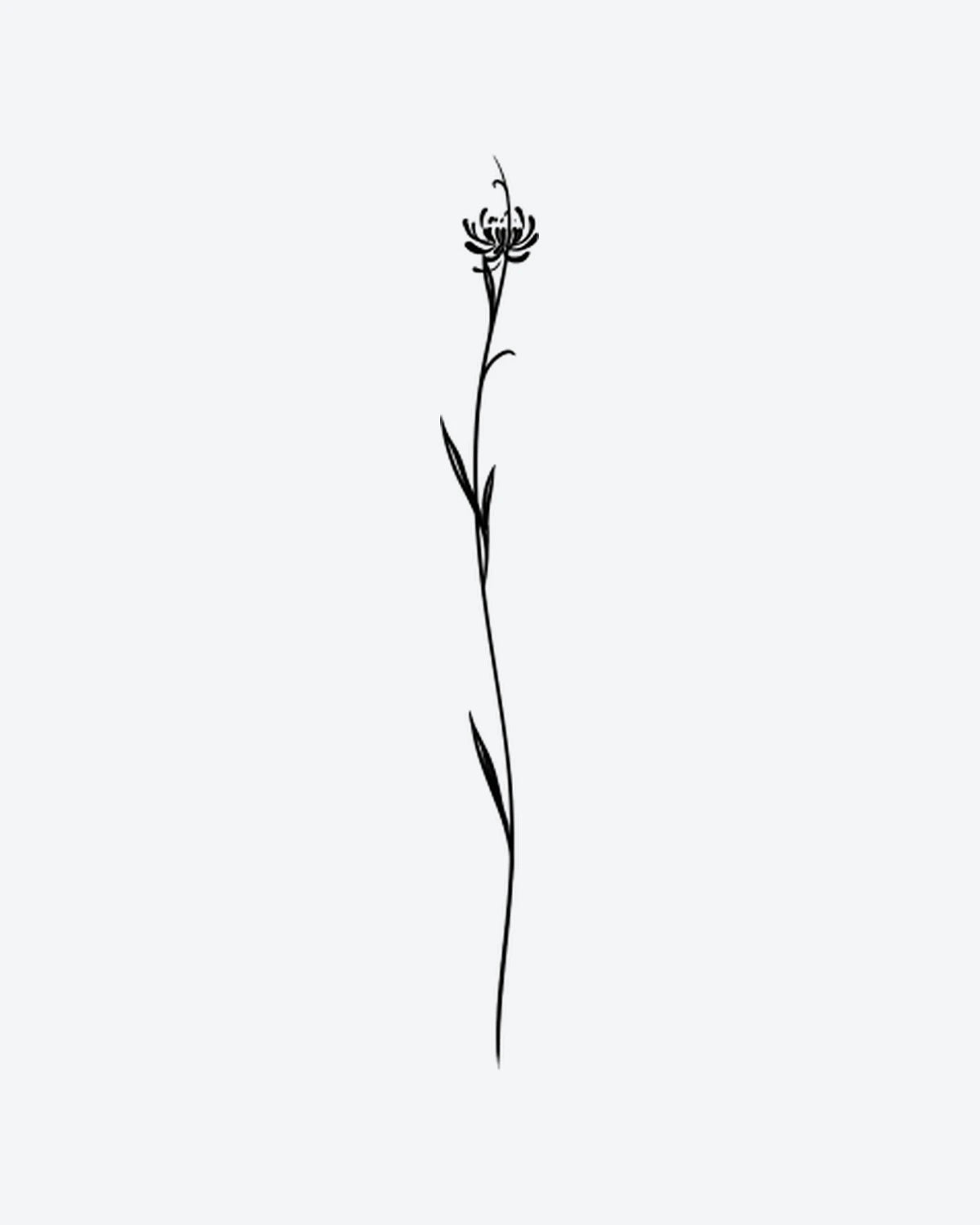 Tall Bloom 2 semi-permanent tattoo design by INKY – Fine Line, Flower, Leaves, Blossom, Stem illustration, 4 x 7 in (10x17 cm), available at inkytatt.com
