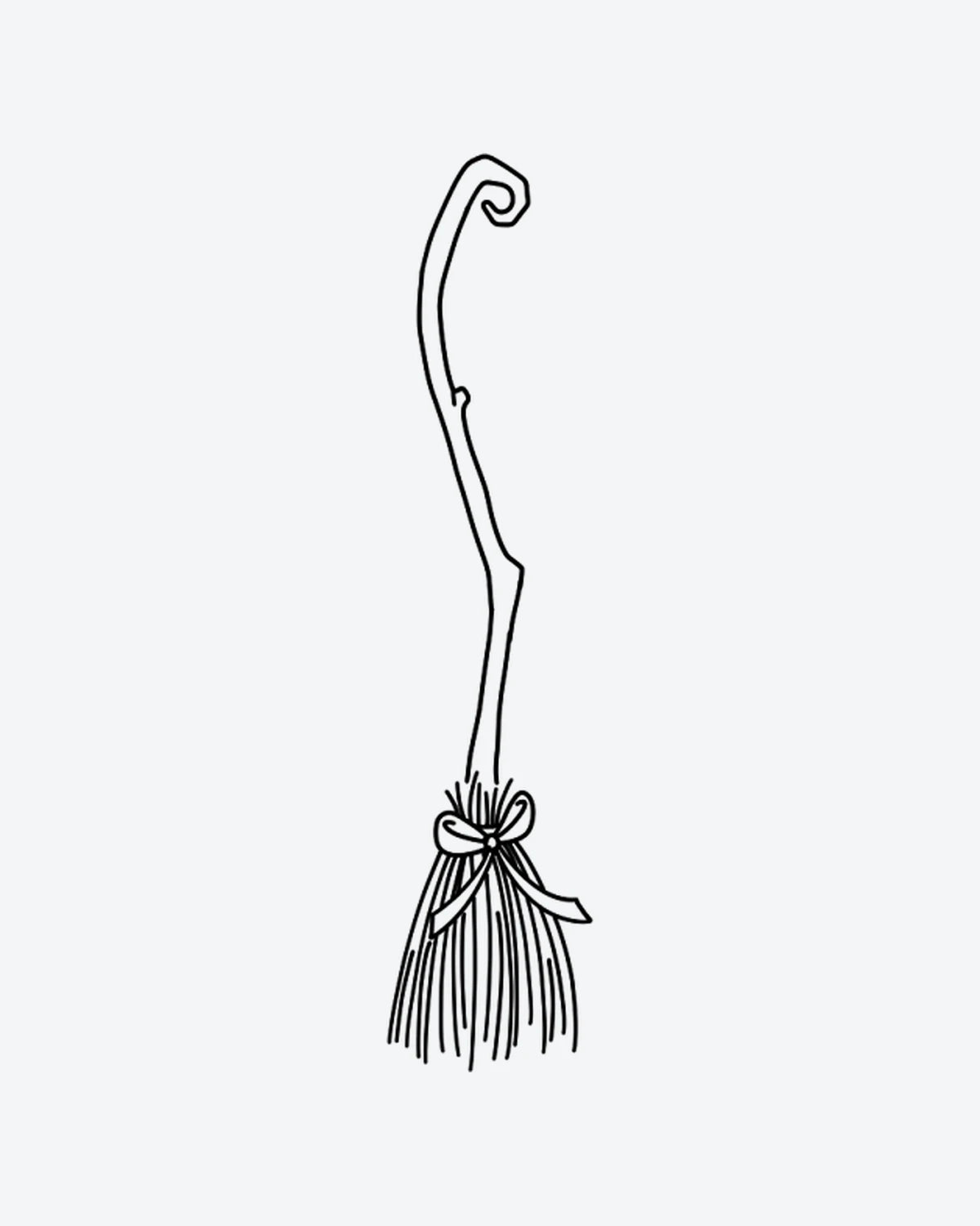 Witch Broom semi-permanent tattoo design by INKY – Line Art, Bow, Scroll illustration, 2 x 4 in (6x10 cm), available at inkytatt.com