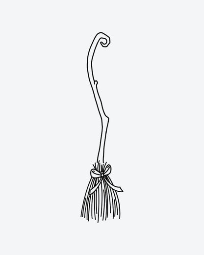 Witch Broom semi-permanent tattoo design by INKY – Line Art, Bow, Scroll illustration, 2 x 4 in (6x10 cm), available at inkytatt.com
