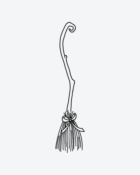 Witch Broom semi-permanent tattoo design by INKY – Line Art, Bow, Scroll illustration, 2 x 4 in (6x10 cm), available at inkytatt.com