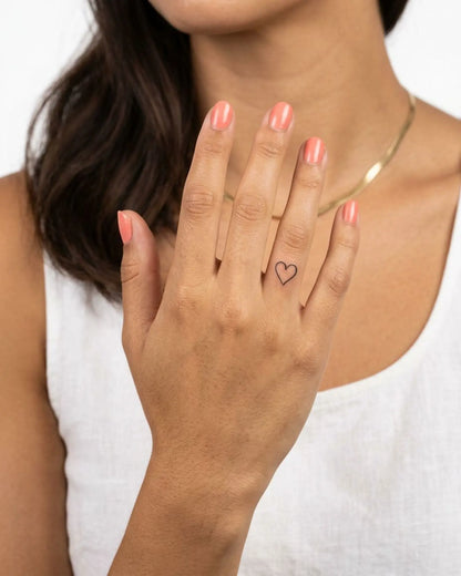 INKY Doodle Heart semi-permanent tattoo applied on a woman – 0.5 x 0.5 in (1x1 cm) design, realistic ink look, lasts 10 days
