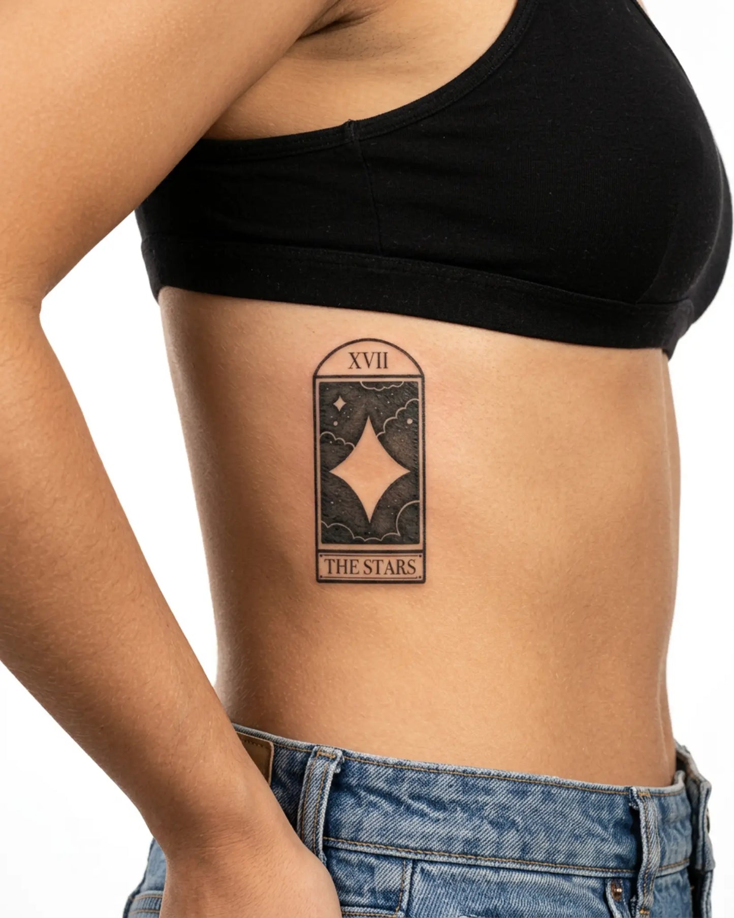 INKY Tarot XVII semi-permanent tattoo applied on a woman – 2 x 4 in (6x10 cm) design, realistic ink look, lasts 10 days