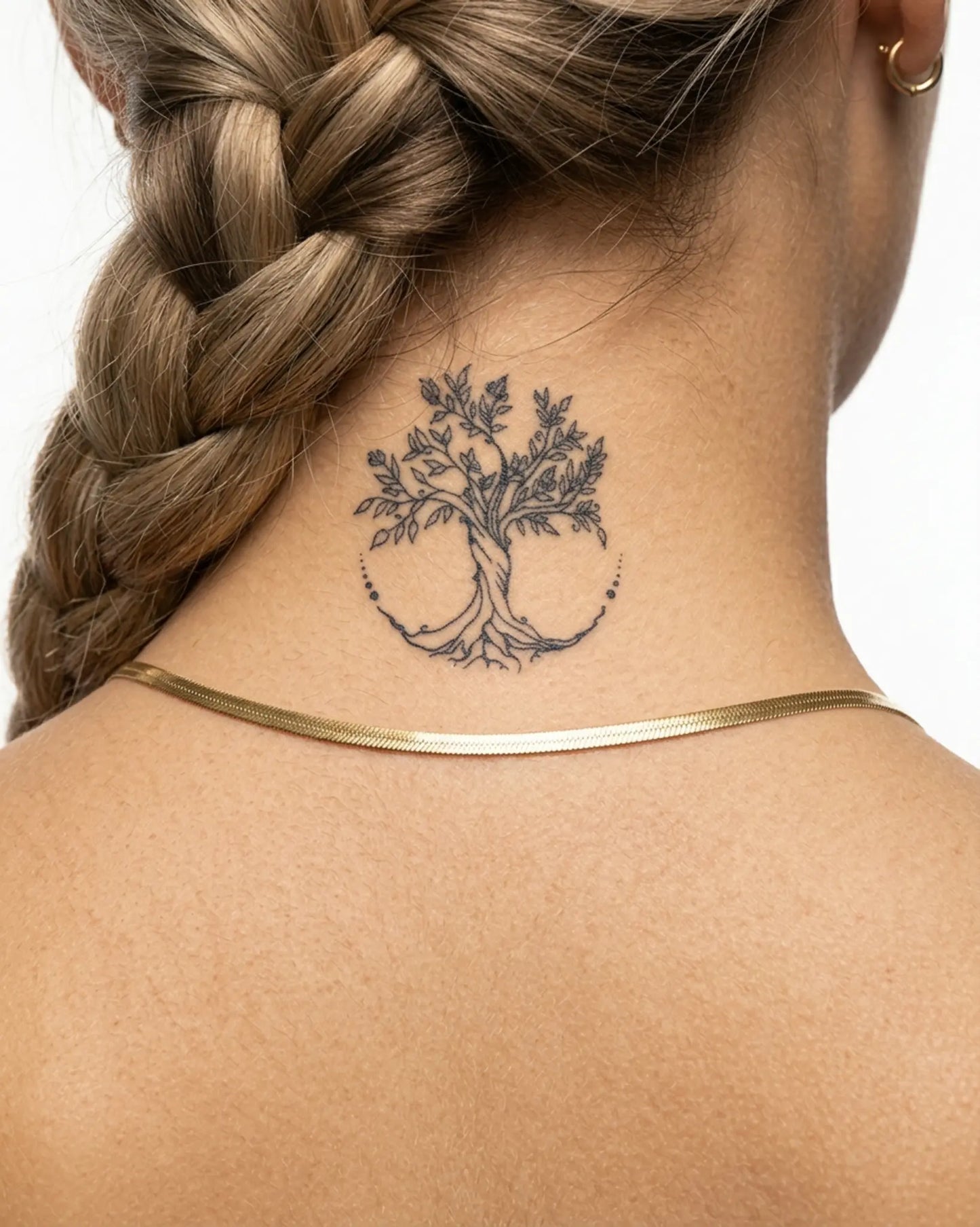 INKY Tree of Life semi-permanent tattoo applied on a woman – 2 x 2 in (4x4 cm) design, realistic ink look, lasts 10 days