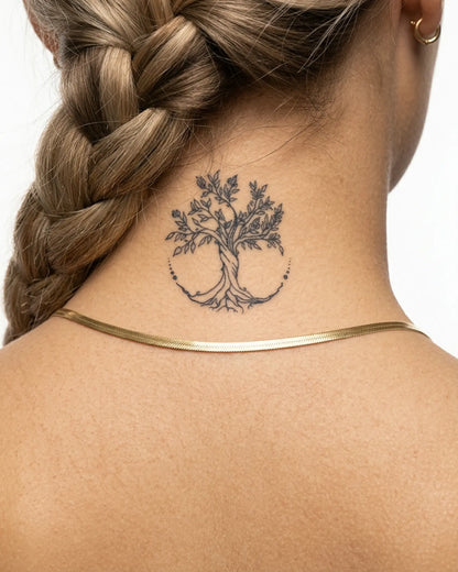INKY Tree of Life semi-permanent tattoo applied on a woman – 2 x 2 in (4x4 cm) design, realistic ink look, lasts 10 days