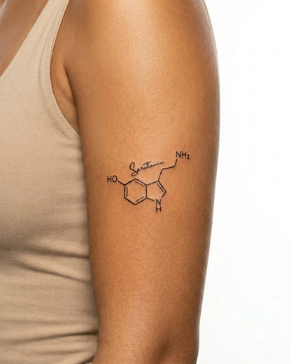 INKY Serotonin semi-permanent tattoo applied on a woman – 3 x 3 in (7x7 cm) design, realistic ink look, lasts 10 days