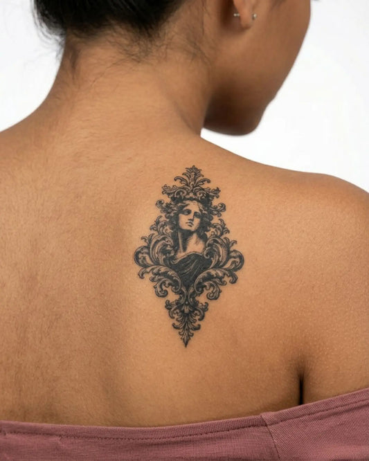 INKY Ornate Goddes semi-permanent tattoo applied on a woman – 2 x 4 in (6x10 cm) design, realistic ink look, lasts 10 days