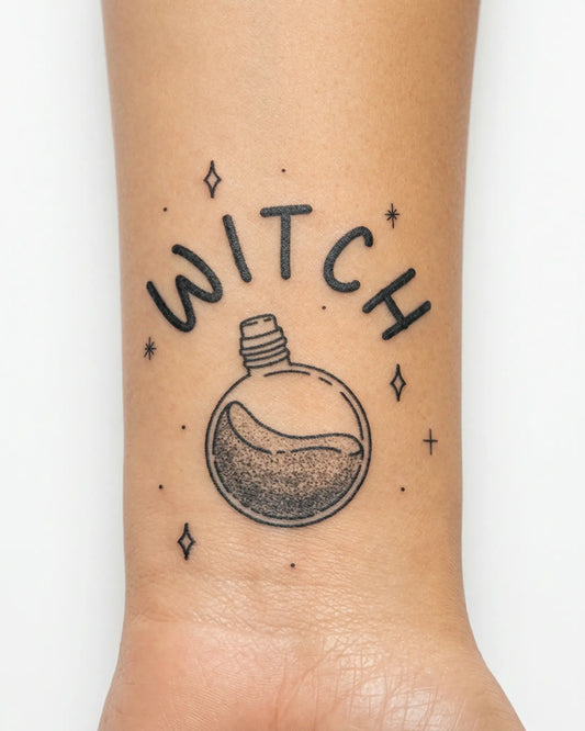 INKY Witch's Brew Potion semi-permanent tattoo applied on a woman – 2 x 2 in (4x4 cm) design, realistic ink look, lasts 10 days