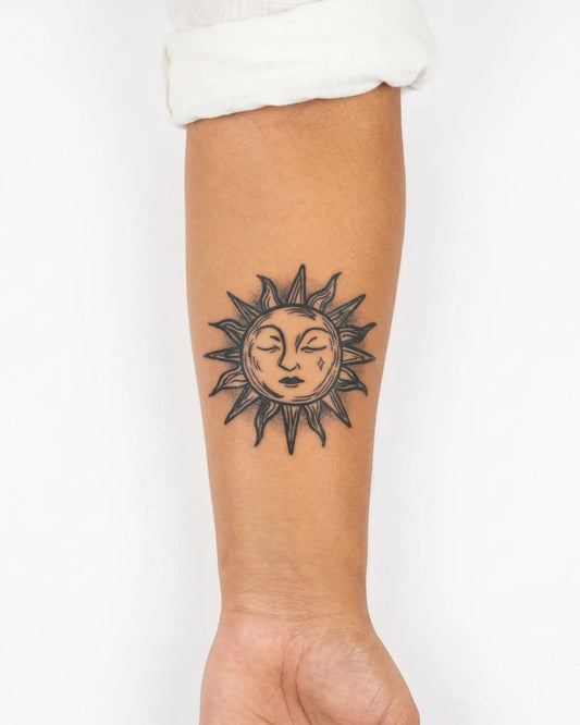INKY Mystic Sun 2 semi-permanent tattoo applied on a woman – 3 x 3 in (7x7 cm) design, realistic ink look, lasts 10 days