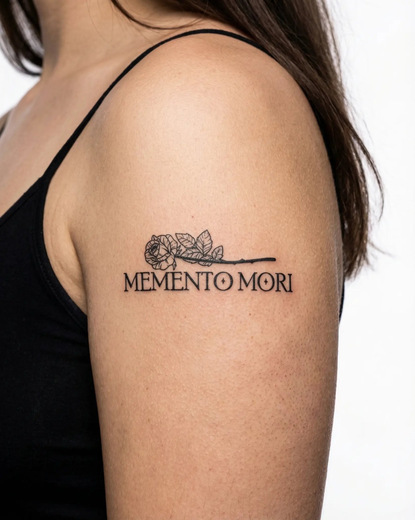INKY Memento Mori 2 semi-permanent tattoo applied on a woman – 2 x 4 in (6x10 cm) design, realistic ink look, lasts 10 days
