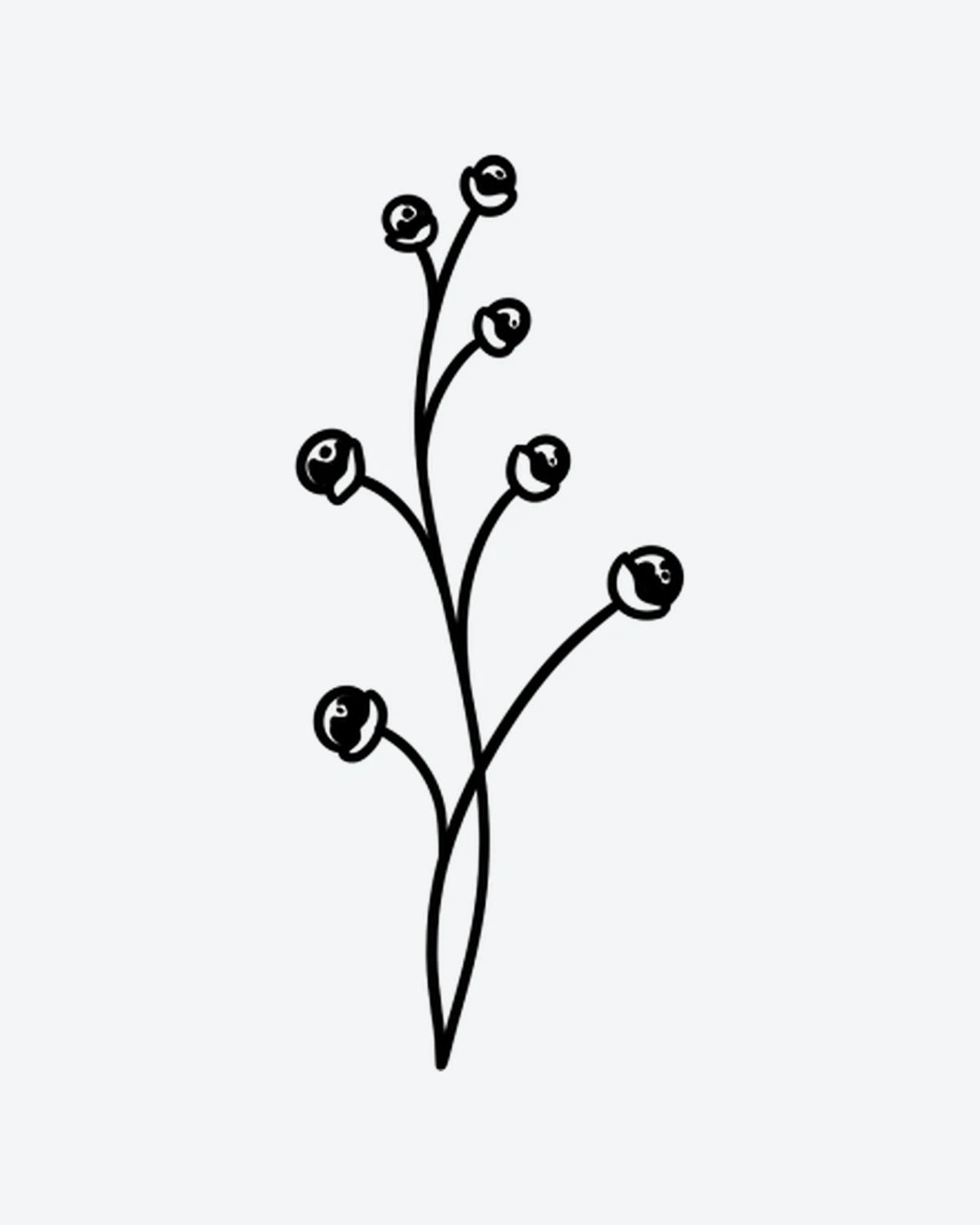 Berry Stem semi-permanent tattoo design by INKY – Fine Line, Hand, Bud, Branches, Stem illustration, 2 x 4 in (6x10 cm), available at inkytatt.com