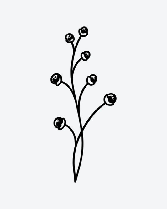 Berry Stem semi-permanent tattoo design by INKY – Fine Line, Hand, Bud, Branches, Stem illustration, 2 x 4 in (6x10 cm), available at inkytatt.com