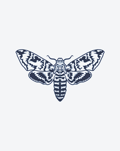 Death Moth semi-permanent tattoo design by INKY – Skull, Wings, Pattern illustration, 2 x 2 in (4x4 cm), available at inkytatt.com