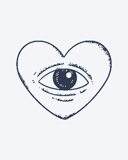 Heart Eye semi-permanent tattoo design by INKY – Line Art, Heart, Eye, Dotwork, Hand illustration, 0.5 x 0.5 in (1x1 cm), available at inkytatt.com