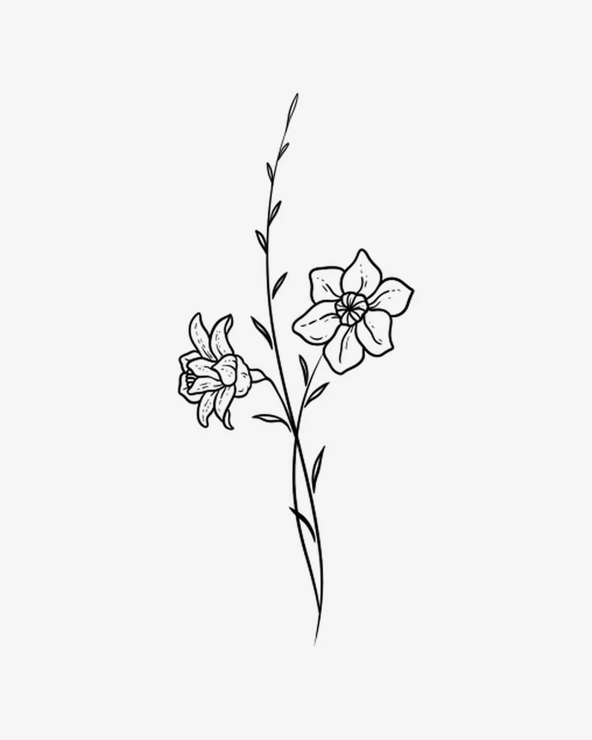Graceful Stem semi-permanent tattoo design by INKY – Fine Line, Flower, Leaves, Stem illustration, 2 x 4 in (6x10 cm), available at inkytatt.com