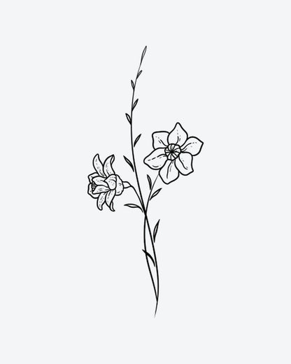 Graceful Stem semi-permanent tattoo design by INKY – Fine Line, Flower, Leaves, Stem illustration, 2 x 4 in (6x10 cm), available at inkytatt.com