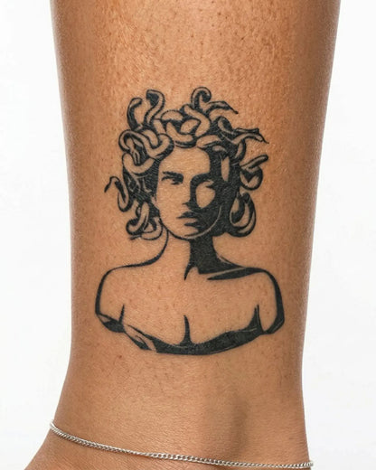 INKY Medusa Art semi-permanent tattoo applied on a woman – 3 x 3 in (7x7 cm) design, realistic ink look, lasts 10 days