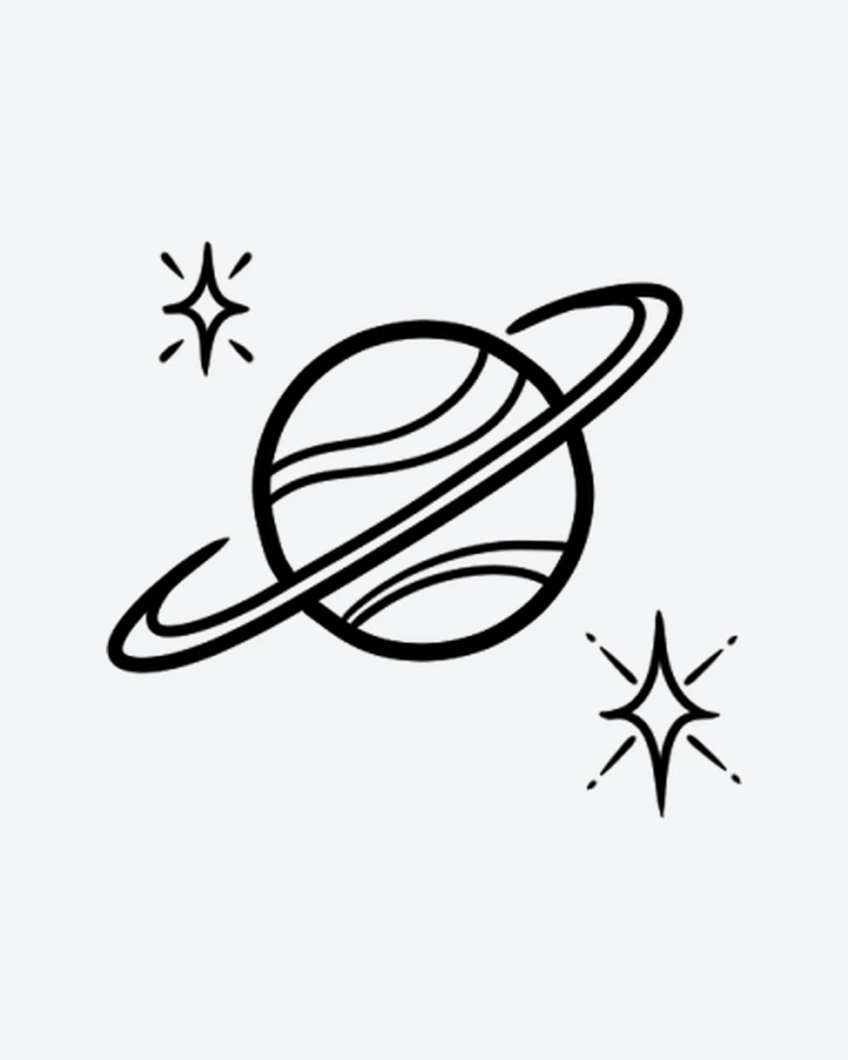 Space Vibes semi-permanent tattoo design by INKY – Fine Line, Planet, Starburst, Saturn, Dots illustration, 2 x 2 in (4x4 cm), available at inkytatt.com