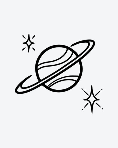 Space Vibes semi-permanent tattoo design by INKY – Fine Line, Planet, Starburst, Saturn, Dots illustration, 2 x 2 in (4x4 cm), available at inkytatt.com