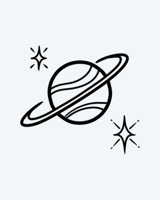 Space Vibes semi-permanent tattoo design by INKY – Fine Line, Planet, Starburst, Saturn, Dots illustration, 2 x 2 in (4x4 cm), available at inkytatt.com