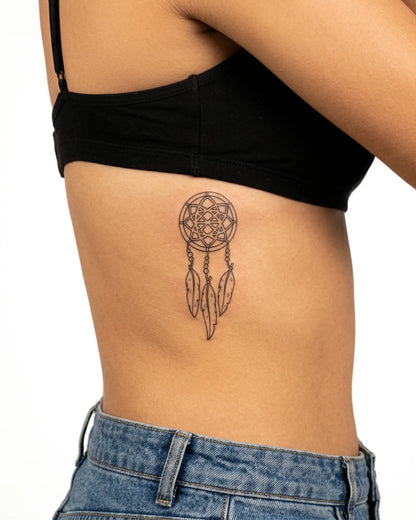 INKY Dream Catcher semi-permanent tattoo applied on a woman – 2 x 4 in (6x10 cm) design, realistic ink look, lasts 10 days