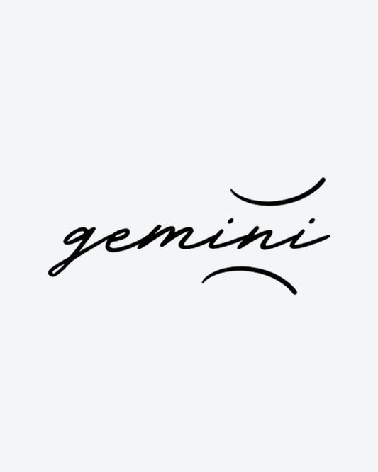 Gemini Script semi-permanent tattoo design by INKY – Fine Line, Lines, Gemini illustration, 2 x 2 in (4x4 cm), available at inkytatt.com