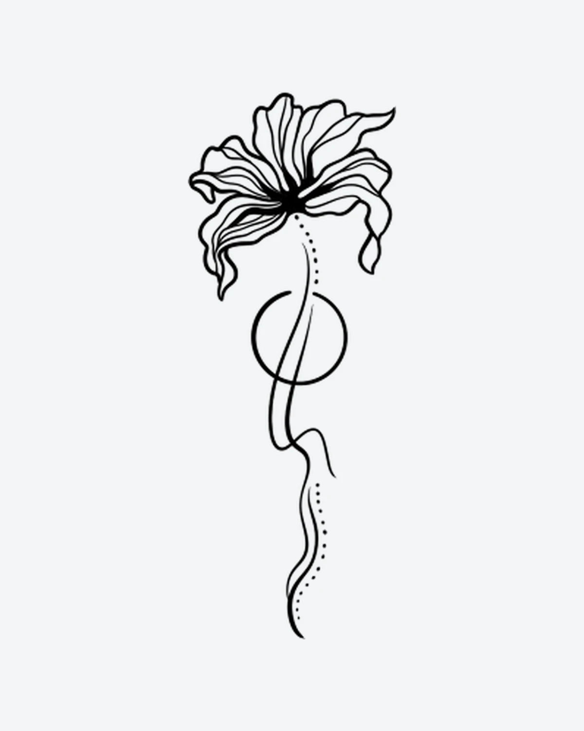 Abstract Bloo semi-permanent tattoo design by INKY – Fine Line, Flower, Circle, Geometric, Dots illustration, 2 x 4 in (6x10 cm), available at inkytatt.com