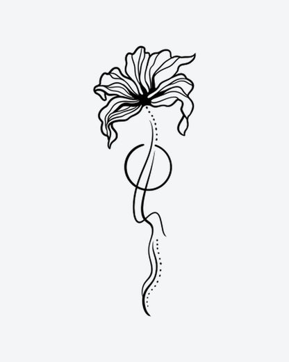 Abstract Bloo semi-permanent tattoo design by INKY – Fine Line, Flower, Circle, Geometric, Dots illustration, 2 x 4 in (6x10 cm), available at inkytatt.com
