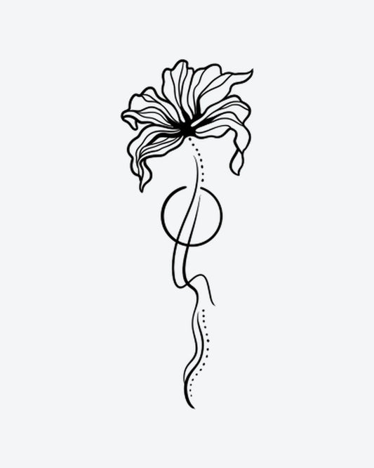 Abstract Bloo semi-permanent tattoo design by INKY – Fine Line, Flower, Circle, Geometric, Dots illustration, 2 x 4 in (6x10 cm), available at inkytatt.com