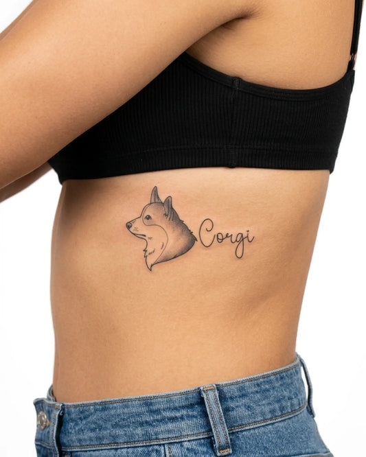 INKY Corgi Love semi-permanent tattoo applied on a woman – 2 x 4 in (6x10 cm) design, realistic ink look, lasts 10 days