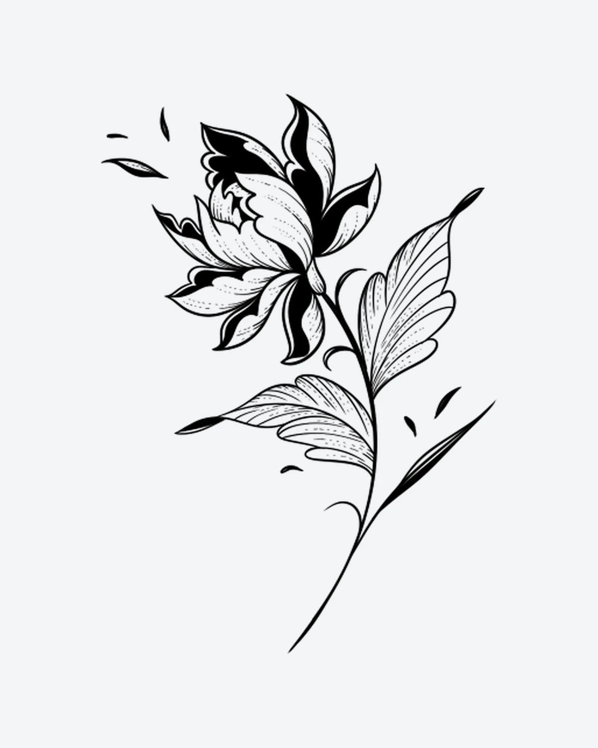 Bloom Noir semi-permanent tattoo design by INKY – Fine Line, Flower, Leaves, Petal illustration, 2 x 2 in (4x4 cm), available at inkytatt.com
