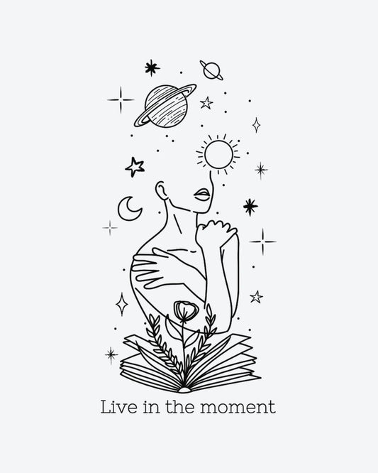Inner Cosmos 2 semi-permanent tattoo design by INKY – Fine Line, Sun, Moon, Flower, Star illustration, 4 x 7 in (10x17 cm), available at inkytatt.com