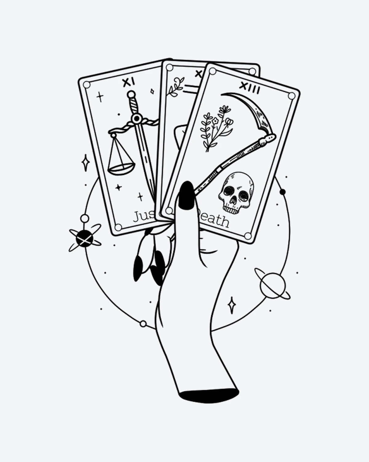 Fortune Hand semi-permanent tattoo design by INKY – Fine Line, Star, Planet, Skull, Sword illustration, 3 x 3 in (7x7 cm), available at inkytatt.com
