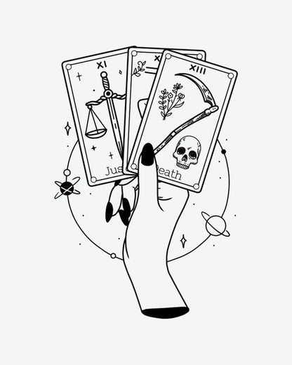 Fortune Hand semi-permanent tattoo design by INKY – Fine Line, Star, Planet, Skull, Sword illustration, 3 x 3 in (7x7 cm), available at inkytatt.com