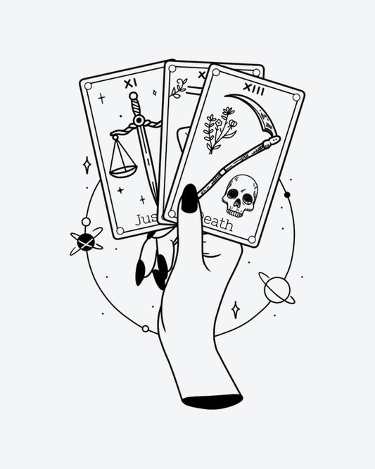 Fortune Hand semi-permanent tattoo design by INKY – Fine Line, Star, Planet, Skull, Sword illustration, 3 x 3 in (7x7 cm), available at inkytatt.com