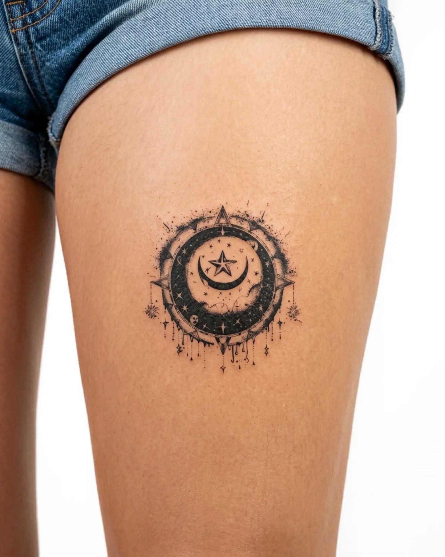 INKY Celestial Arc semi-permanent tattoo applied on a woman – 3 x 3 in (7x7 cm) design, realistic ink look, lasts 10 days