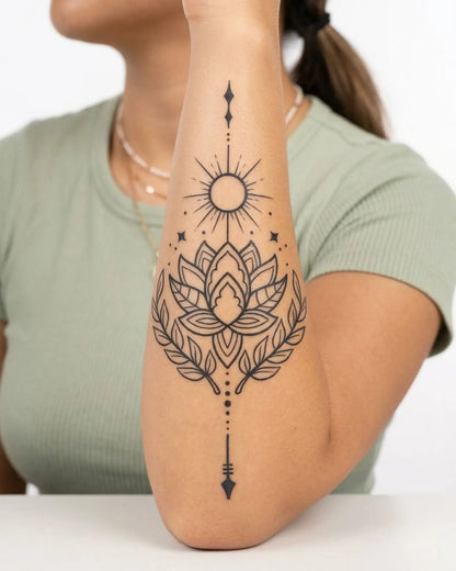 INKY Sun Lotus semi-permanent tattoo applied on a woman – 4 x 7 in (10x17 cm) design, realistic ink look, lasts 10 days