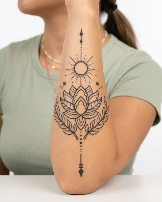 INKY Sun Lotus semi-permanent tattoo applied on a woman – 4 x 7 in (10x17 cm) design, realistic ink look, lasts 10 days