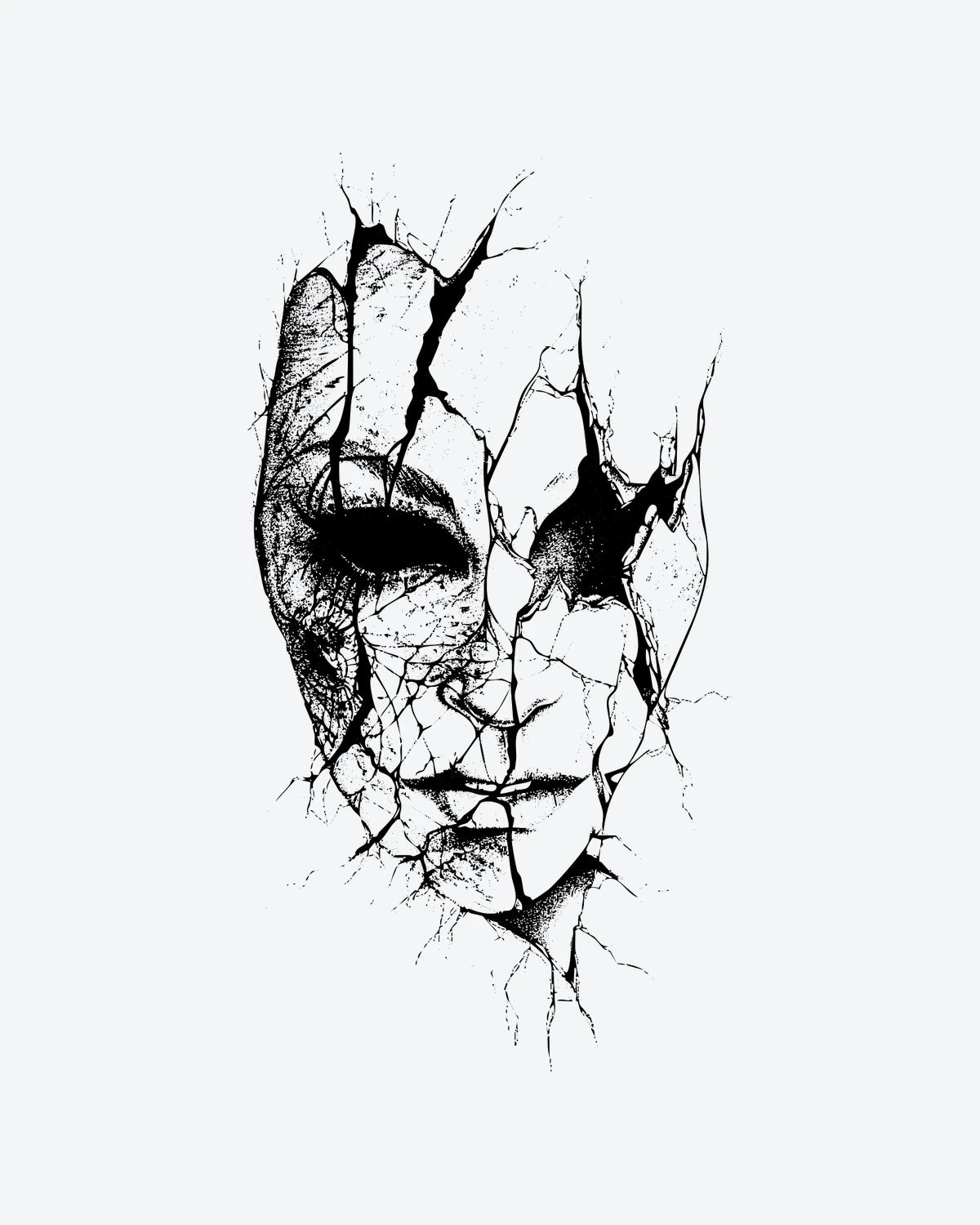 Cracked Mask semi-permanent tattoo design by INKY – Eye, Face illustration, 4 x 7 in (10x17 cm), available at inkytatt.com