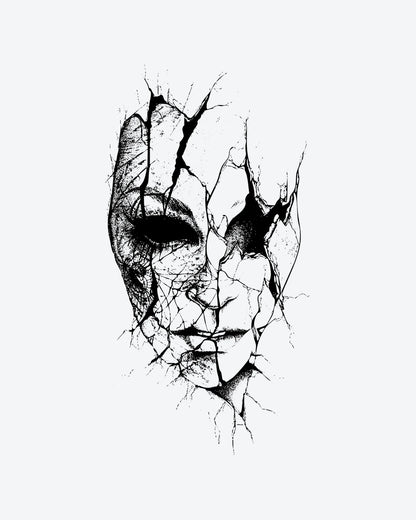 Cracked Mask semi-permanent tattoo design by INKY – Eye, Face illustration, 4 x 7 in (10x17 cm), available at inkytatt.com