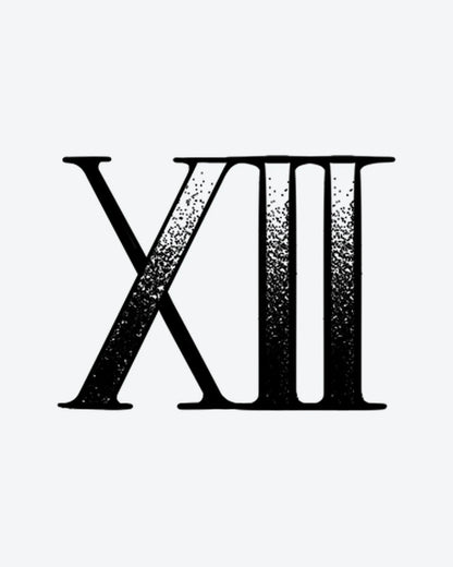 Roman 12 semi-permanent tattoo design by INKY – Roman Numeral, Dotwork illustration, 2 x 2 in (4x4 cm), available at inkytatt.com