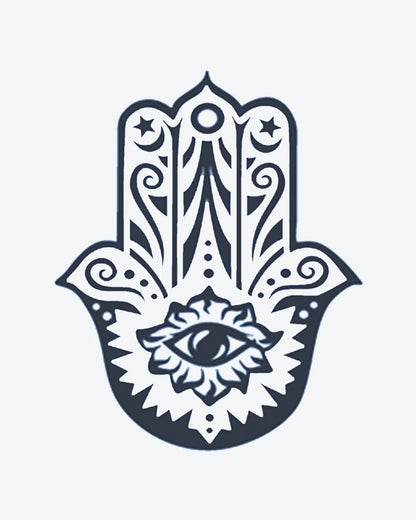 Mystic Hamsa semi-permanent tattoo design by INKY – Star, Eye, Hamsa, Geometric, Pattern illustration, 3 x 3 in (7x7 cm), available at inkytatt.com